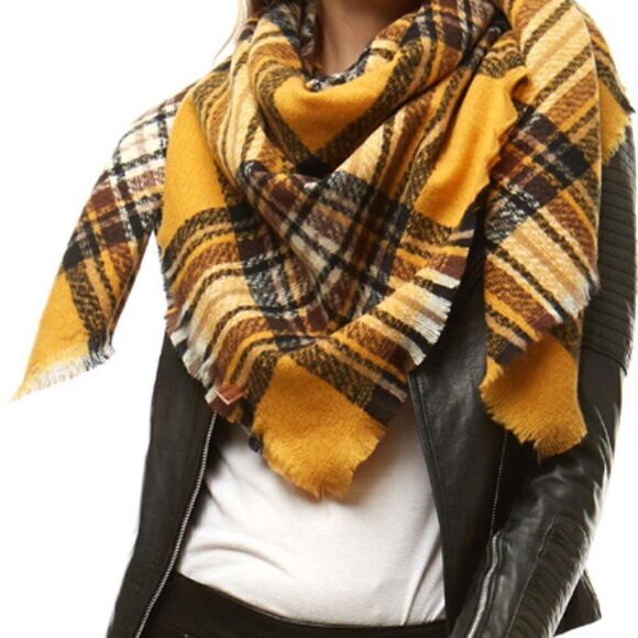 2/$30 Ladies Mustard Plaid Blanket Scarf - Picture 1 of 6